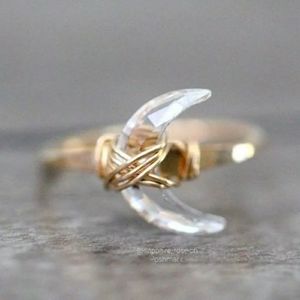 Spiritual Crystal Crescent Moon Womens Ring Gold Plated Boho Jewelry New Gift